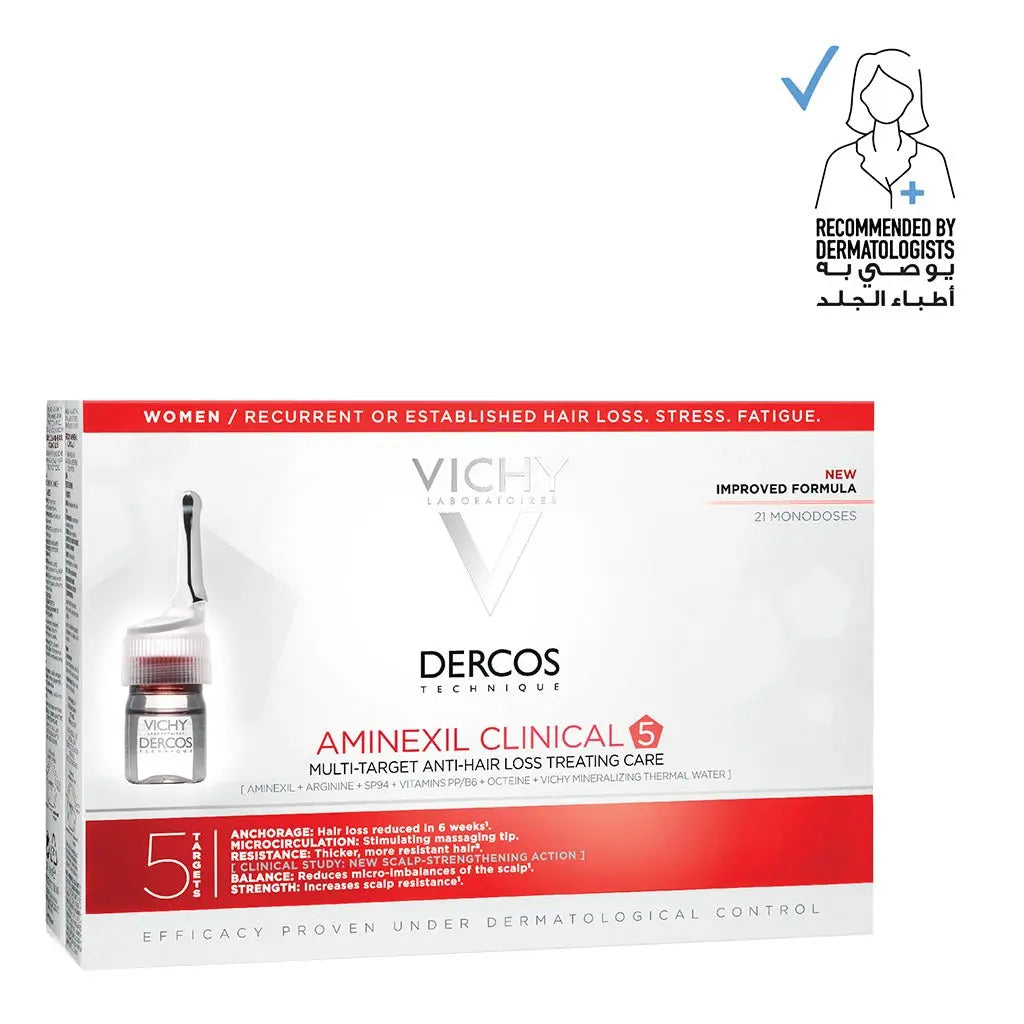 Vichy Dercos Aminexil Clinical 5 Anti-Hair Fall Treatment For Women, Pack of 6ml x 21's Vichy