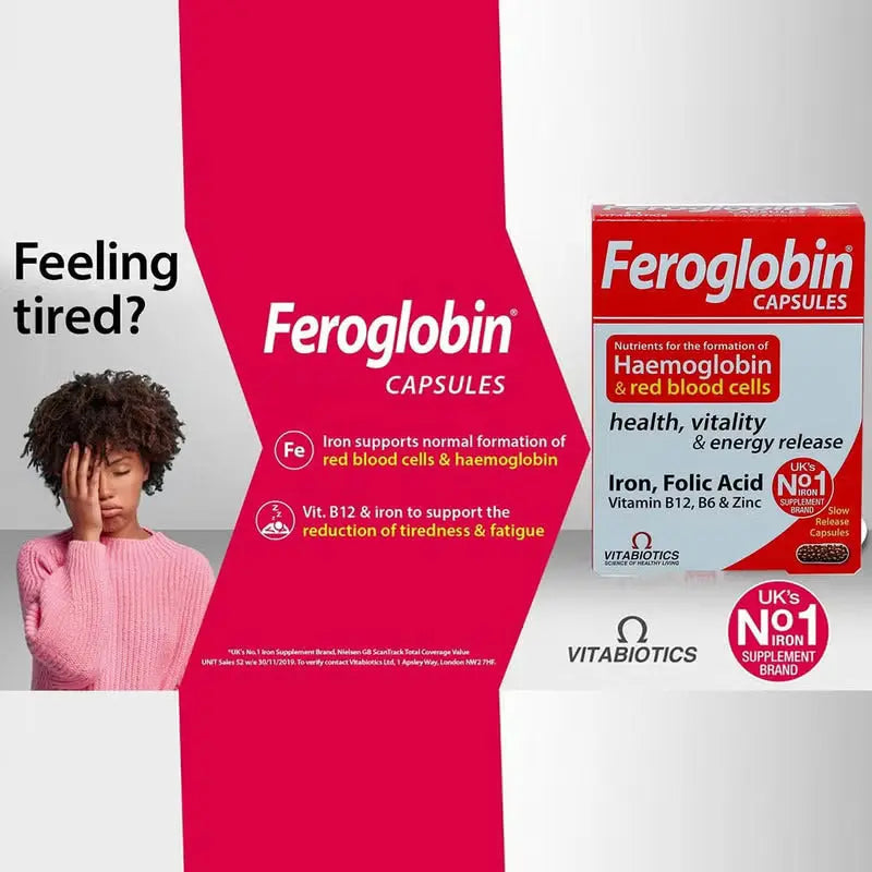 Vitabiotics Feroglobin B12 Capsules With Iron, Folic Acid & Vitamin B12 To Fight Fatigue, Pack of 30's vitabiotics