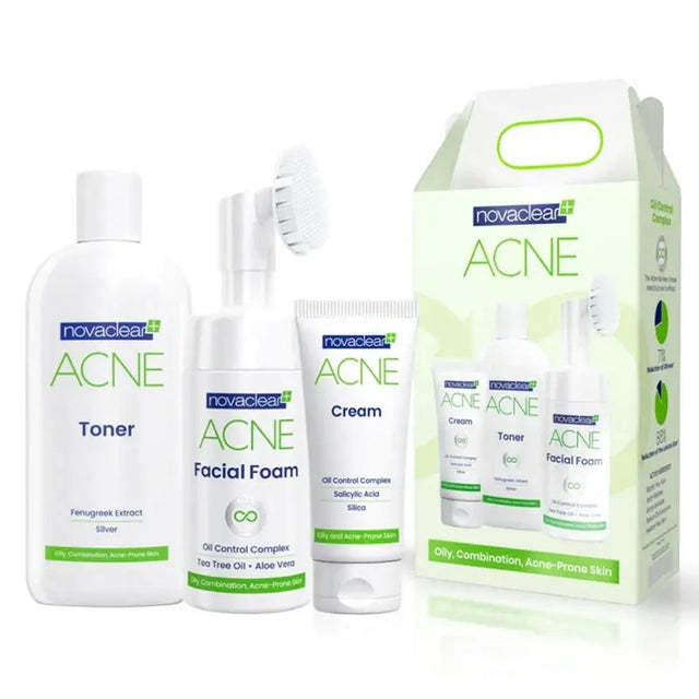 Novaclear Acne Kit With Acne Facial Foam 100ml + Acne Toner 150ml + Acne Cream For Oily, Combination & Acne-Prone Skin 40ml Novaclear