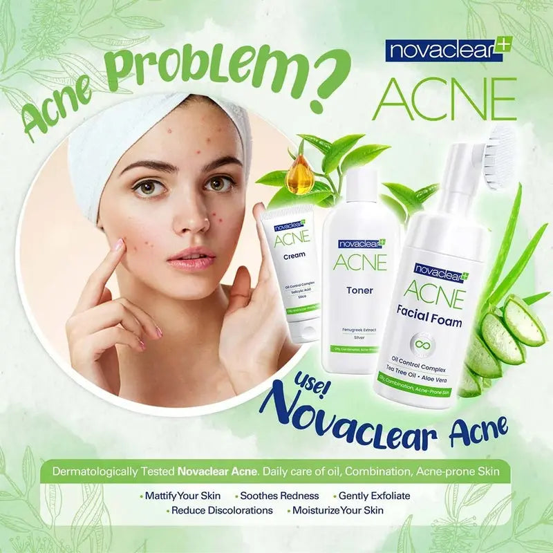 Novaclear Acne Kit With Acne Facial Foam 100ml + Acne Toner 150ml + Acne Cream For Oily, Combination & Acne-Prone Skin 40ml Novaclear