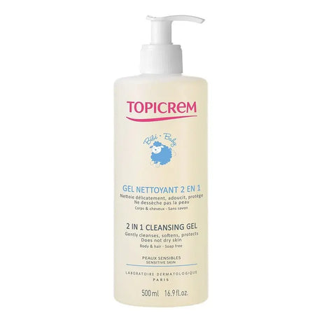 Topicrem 2 In 1 Cleansing Gel, Body & Hair Cleanser For Newborns, Baby & Children, Soap Free 500ml Topicrem
