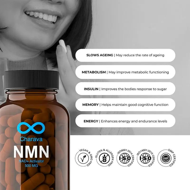 Charava NMN Antiaging Supplement NAD+ Activator 500mg Capsules, Pack of 60's Charava
