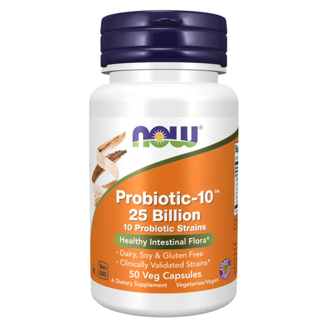 Now Probiotic-10 25 Billion CFU Capsules With 10 Probiotic Strains For Healthy Intestinal Flora, Pack of 50's Now