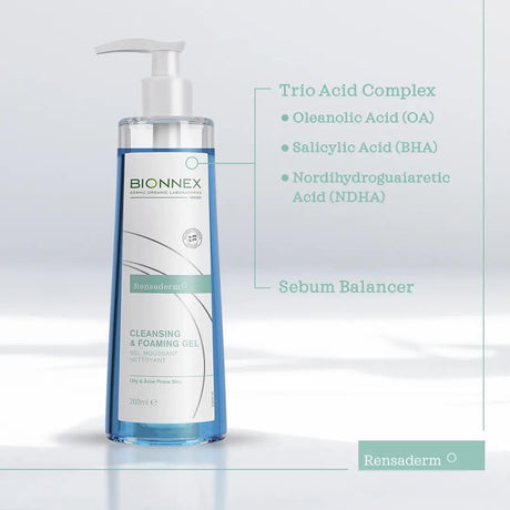 Bionnex Rensaderm Cleansing & Foaming Gel Cleanser for Oily and Acne-Prone Skin with Trio-Acid Complex - 200ml Bionnex