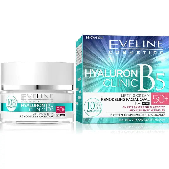 Eveline Cosmetics Hyaluronic Clinic B5 Day And Night Lifting Cream, Spf 50+, Remodeling Facial Oval 50ml Eveline