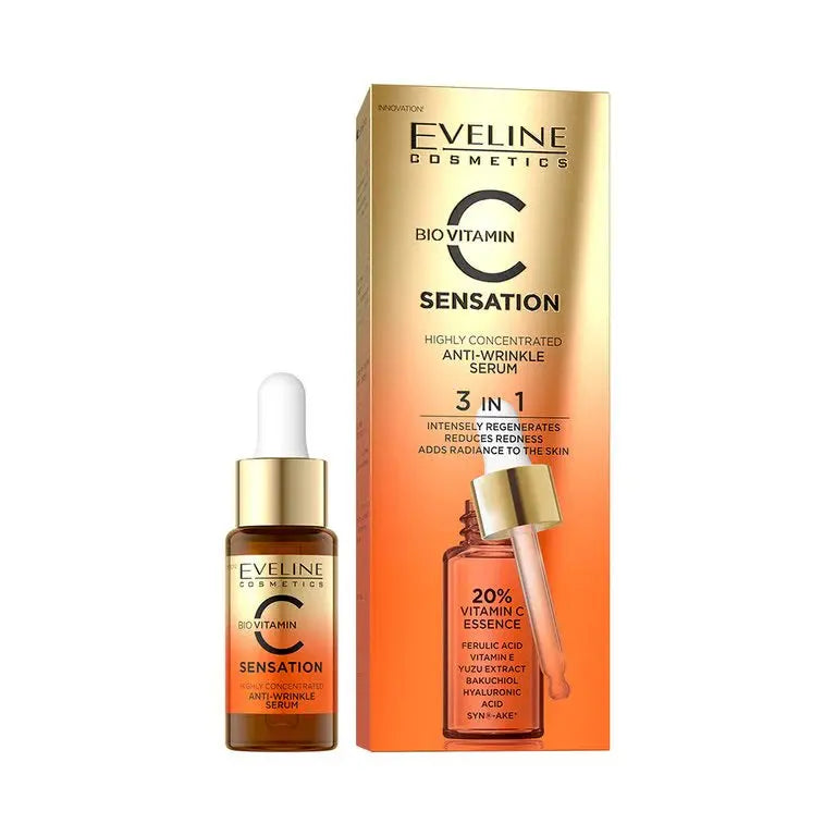 EVELINE COSMETICS Sensation C Face Serum Anti-Wrinkle- 3 In 1 (Intensely Regenerates-  Reduces Redness- Adds Radiance To The Skin) - Hydration And  Moisturization - Antioxidant Protection 18ml EVELINE