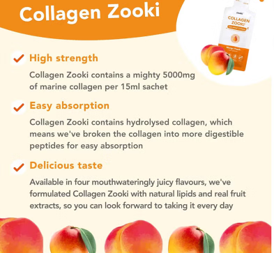 Zooki Marine Collagen 5000mg Mango Peach Flavor Liquid Sachets 15ml, Pack of 14's Zooki