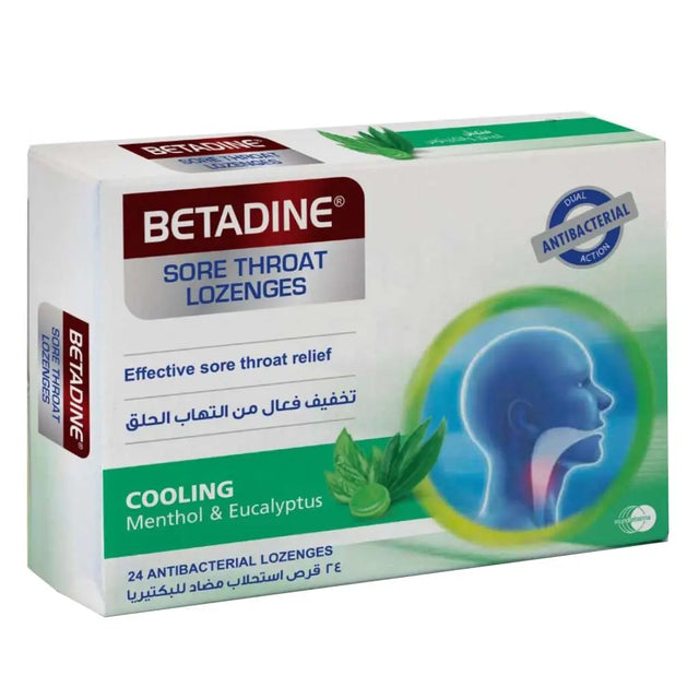 Betadine Sore Throat Antibacterial Lozenges With Cooling Menthol & Eucalyptus, Pack of 24's Betadine