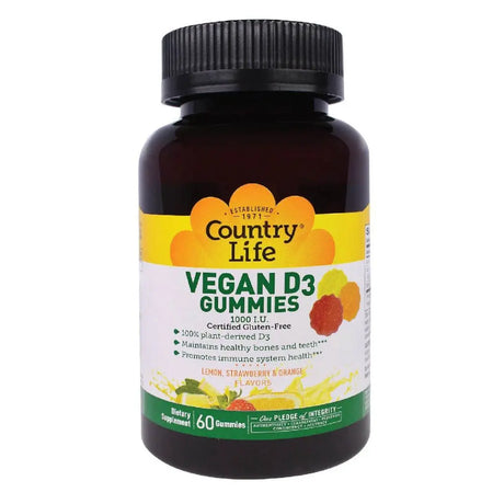 Country Life Vegan D3 1000IU Gummies For Bone, Teeth & Immune Health, Pack of 60's Country Life