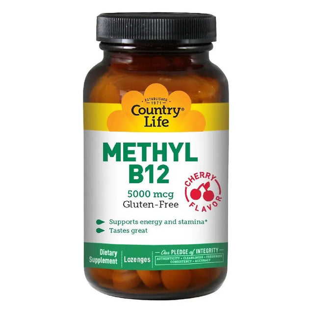 Country Life Methyl B12 5000 mcg Cherry Flavor Lozenges For Energy Support, Pack of 60's Country Life