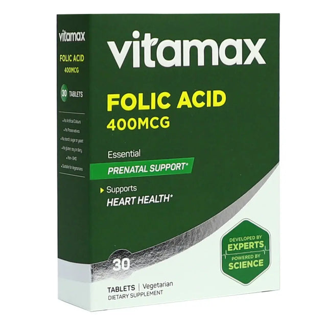 Vitamax Folic Acid 400 mcg Tablets For Prenatal Support & Healthy Heart Function, Pack of 30's Vitamax