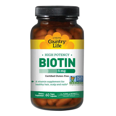 Country Life High Potency Biotin 5 mg Gluten-Free Vegan Capsules For Hair, Scalp & Nails, Pack of 60's Country Life